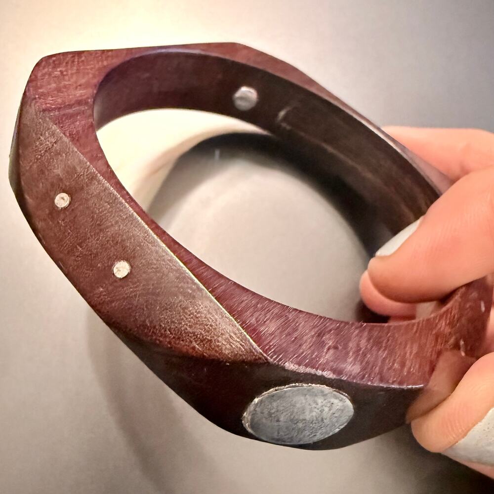 Geometric Wooden Bangle Bracelet with Sterling Silver Inlay
